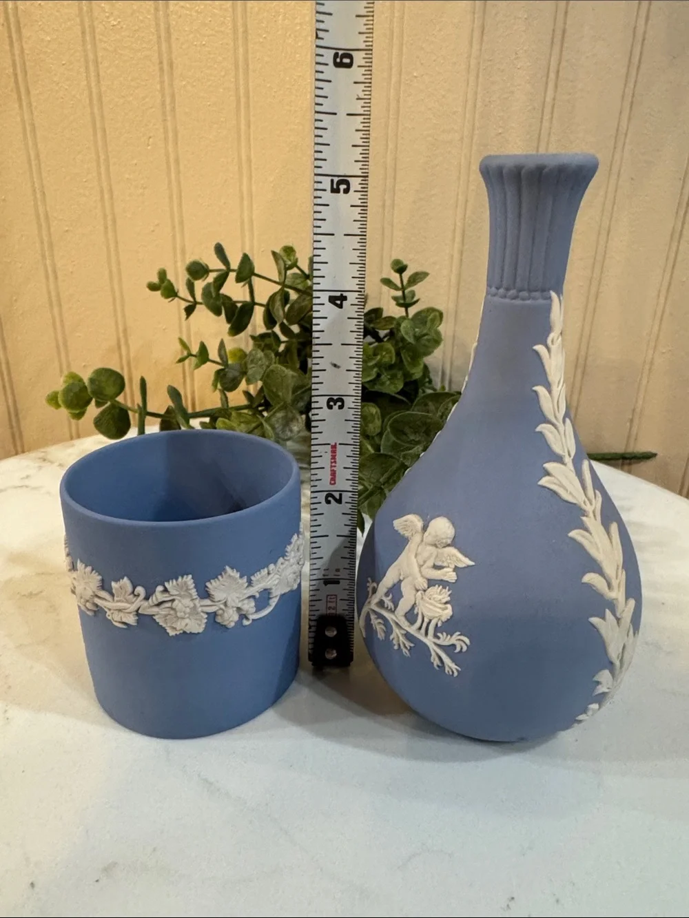 Set of 2 Vtg Jasperware Wedgewood Bud Vase Cherub and Toothpick Cigarette Holder